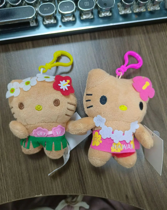 Hot Anime Hello Kitty Kuromi Dolls Filled Keychain Dark Skin Hawaiian Series Cartoon Accessory Toys Bag Pendant Charms