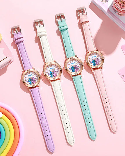 Fashion Cartoon Pattern Stitch Girls Watches Kids Leather Strap Children Watch with Rhinestone Dial reloj stich Exquisite Gift