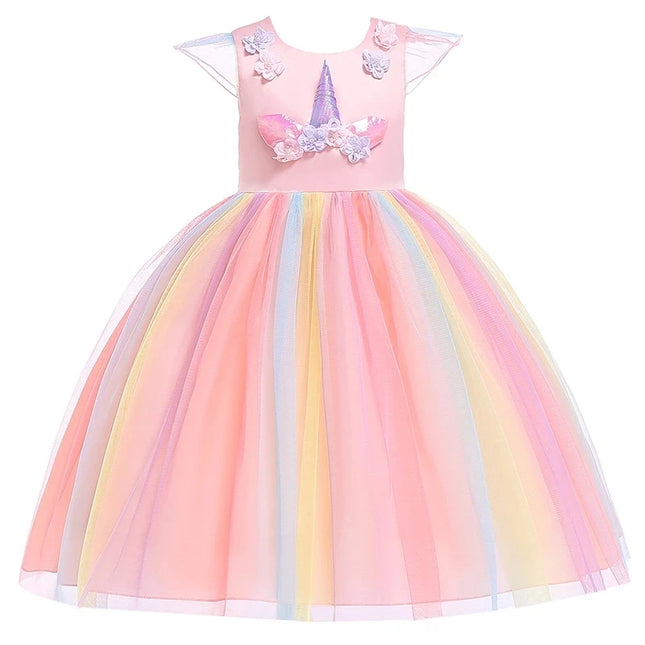 Kids Unicorn Dress for Girls Party Dresses Flower Appliques Ball Gown Little Girl Princess Costumes Summer Children Clothing