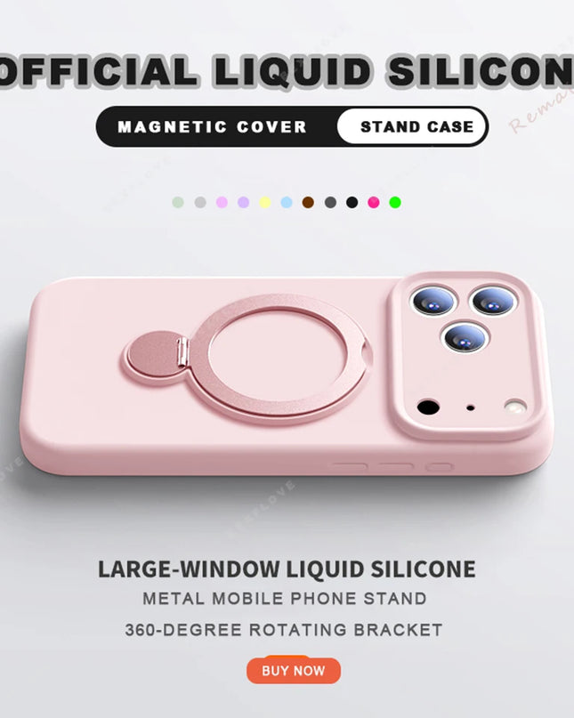 360 Magnetic Stand Liquid Silicone Phone Case For iPhone 17 Air 13 14 15 16 Pro Max Plus Magsafe Charge Holder Protector Cover