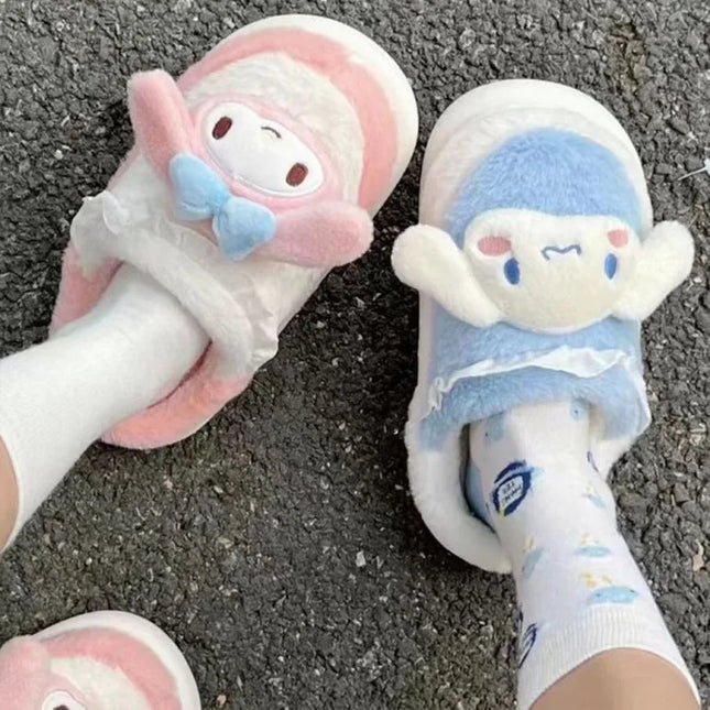 Anime Cartoon Kawaii Hello Kitty My Melody Cinnamoroll Kuromi Slippers Cute Home Thick-Soled Plush Slippers Girls Surprise Gift