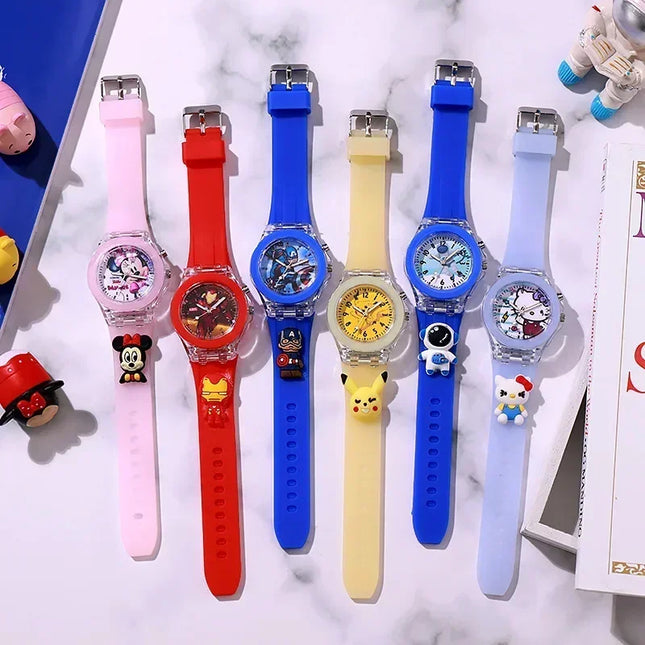 Disney Fashion Minnie Children's Watch Mickey Mouse Children's Flash Light Cartoon Figure Doll Boys Girls Birthday Gifts