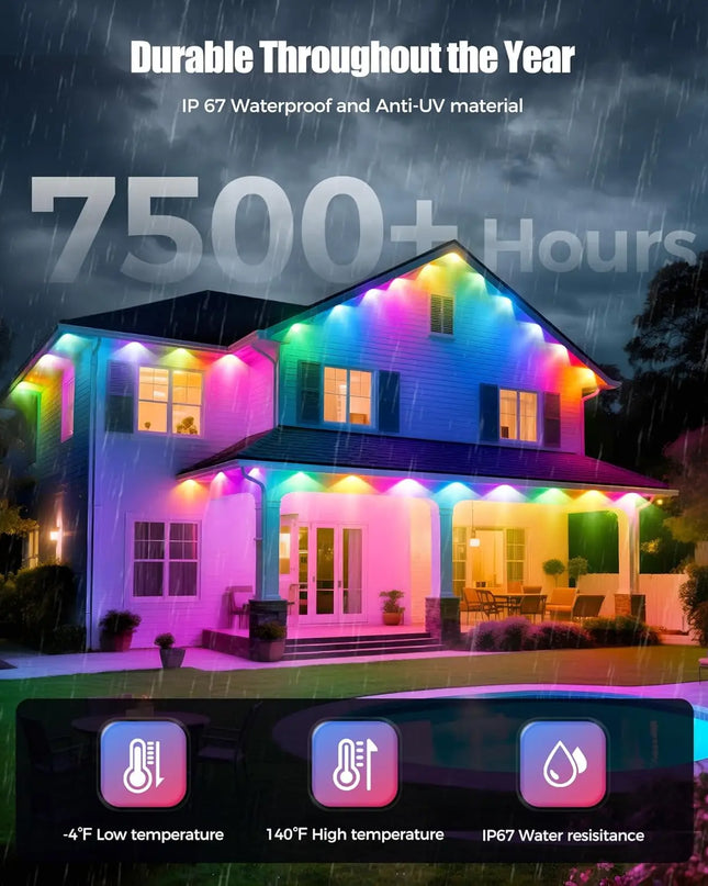 LED Permanent Outdoor Lights IP65 Waterproof RGBIC Eave Lights With Remote for Christmas New Year Roof DIY Holiday String Light