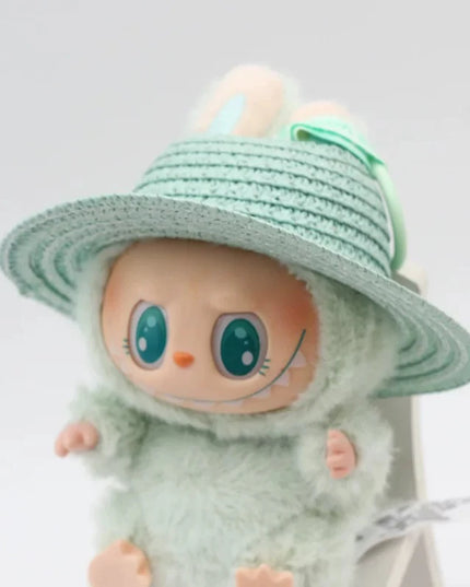 Labubu open top straw hat, party clothing accessories, rustic style Labubu baby clothes decoration accessories (hat only)
