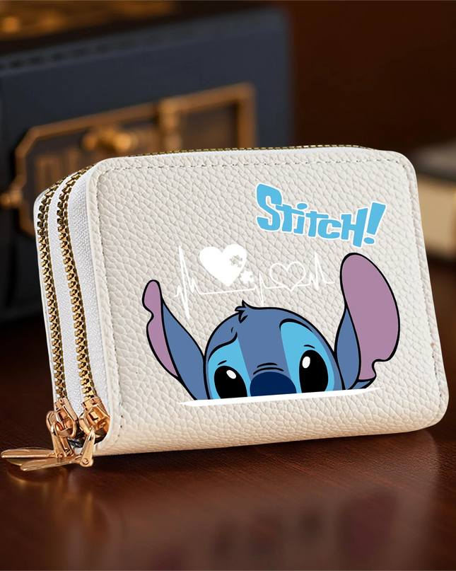 Stitch Design PU Leather Wallet – Double Zipper Short Coin Purse with Card Slots, Cute Cartoon Style, 4 Colors Available