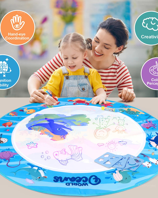 No Mess Magic Water Drawing Mat Doodle Board Reusable Educational Toy with Pens & Stamps, Gift for Toddler Boys Girls
