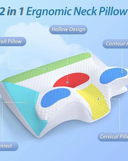 1pc Memory Foam Cervical Pillow, 2 in 1 Ergonomic Contour Orthopedic Pillow for Neck Pain, Contoured Support Pillows,Neck Pillow