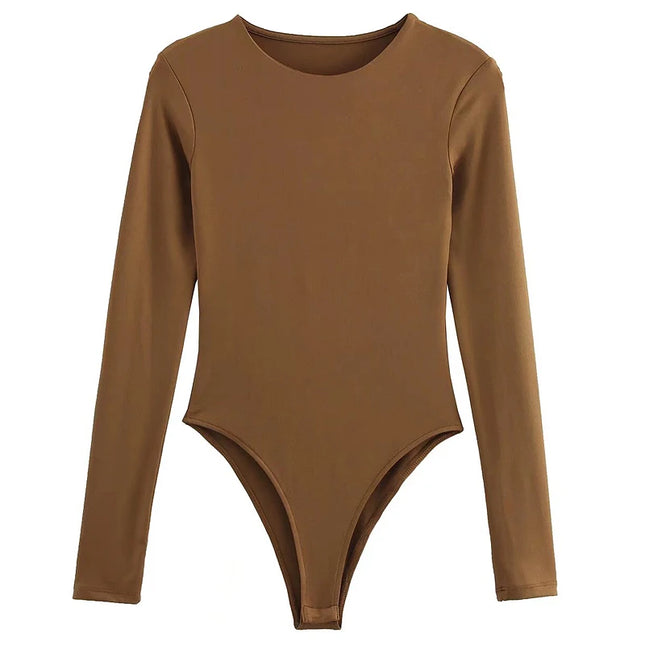 HXAO 2025 Bodysuit Women Body Sexy Women Black Brown Dark Brown Slimming Bodysuit Thong Long Sleeve Top Rave Basic Bodysuit 066