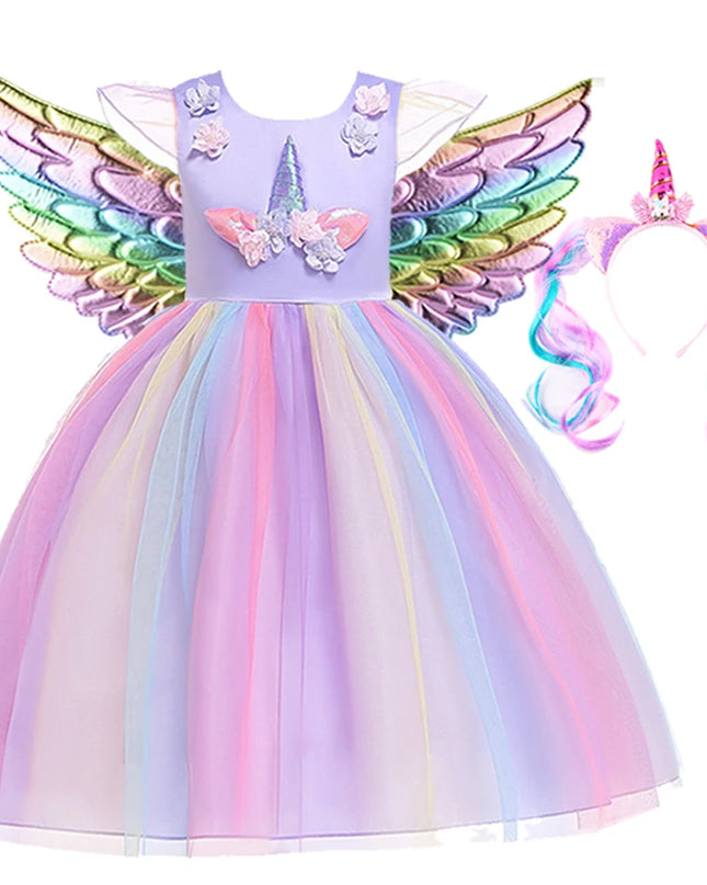 Kids Unicorn Dress for Girls Party Dresses Flower Appliques Ball Gown Little Girl Princess Costumes Summer Children Dresses