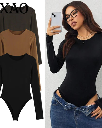 HXAO 2025 Bodysuit Women Body Sexy Women Black Brown Dark Brown Slimming Bodysuit Thong Long Sleeve Top Rave Basic Bodysuit 066