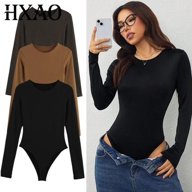 HXAO 2025 Bodysuit Women Body Sexy Women Black Brown Dark Brown Slimming Bodysuit Thong Long Sleeve Top Rave Basic Bodysuit 066