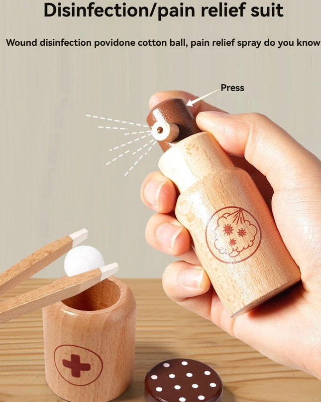 Children playing house simulation, doctors, nurses, stethoscopes, medical kits, syringes, toy sets, wooden boys and girls