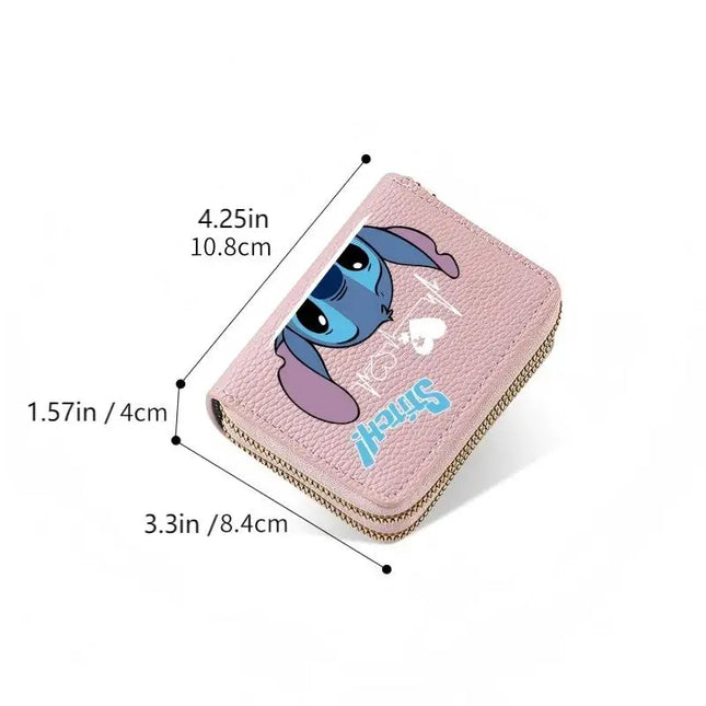 Stitch Design PU Leather Wallet – Double Zipper Short Coin Purse with Card Slots, Cute Cartoon Style, 4 Colors Available