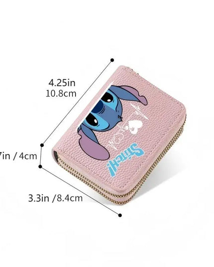 Stitch Design PU Leather Wallet – Double Zipper Short Coin Purse with Card Slots, Cute Cartoon Style, 4 Colors Available