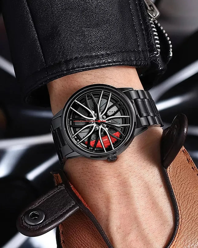 Car Watches For Men,Waterproof Stainless Steel Quartz Wrist Watch Sports Men’s Watches With Car Wheel Rim Hub Design