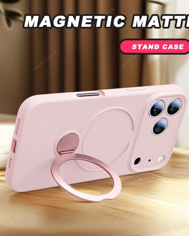 360 Magnetic Stand Liquid Silicone Phone Case For iPhone 17 Air 13 14 15 16 Pro Max Plus Magsafe Charge Holder Protector Cover