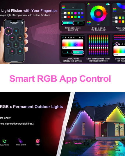 LED Permanent Outdoor Lights IP65 Waterproof RGBIC Eave Lights With Remote for Christmas New Year Roof DIY Holiday String Light