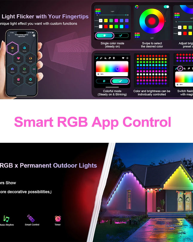 LED Permanent Outdoor Lights IP65 Waterproof RGBIC Eave Lights With Remote for Christmas New Year Roof DIY Holiday String Light