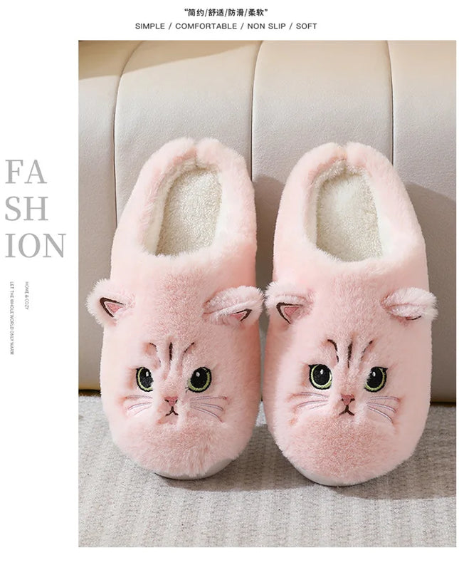 Winter Warm Slipper Women House Fuzzy Cat Cartoon Fur Plush Indoor Lazy Female Thermal Home Shoe Furry Funny Flat flip flop