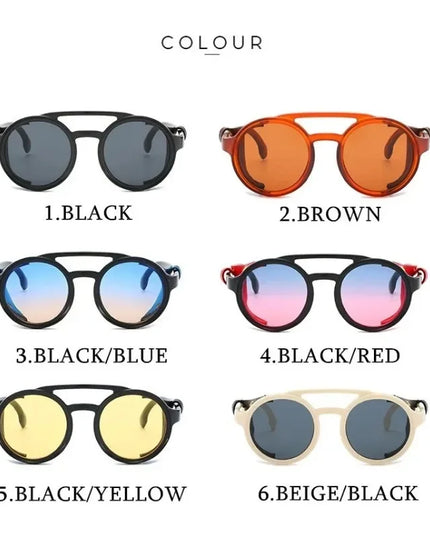 Steampunk Shields Sunglasses Men Women Classic SunGlasses With Side Leather Round Eyewear Pink UV400 Lens
