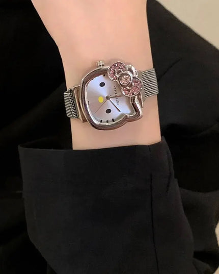 Hello Kitty Bow Diamond Watch Sanrio Anime Fashionable Quartz Watches Cute Cartoon Magnet Watches Girls Birthday Gifts