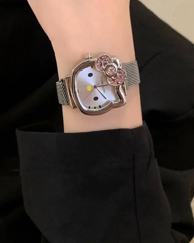 Hello Kitty Bow Diamond Watch Sanrio Anime Fashionable Quartz Watches Cute Cartoon Magnet Watches Girls Birthday Gifts