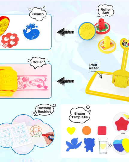 No Mess Magic Water Drawing Mat Doodle Board Reusable Educational Toy with Pens & Stamps, Gift for Toddler Boys Girls