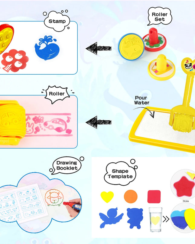 No Mess Magic Water Drawing Mat Doodle Board Reusable Educational Toy with Pens & Stamps, Gift for Toddler Boys Girls