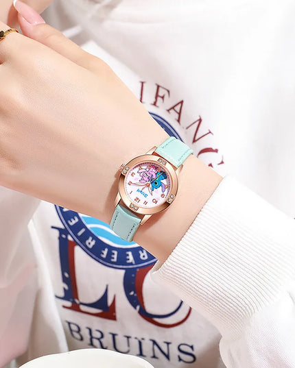 Fashion Cartoon Pattern Stitch Girls Watches Kids Leather Strap Children Watch with Rhinestone Dial reloj stich Exquisite Gift