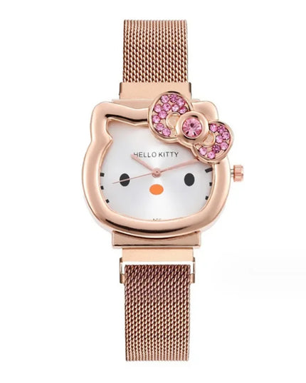 Hello Kitty Bow Diamond Watch Sanrio Anime Fashionable Quartz Watches Cute Cartoon Magnet Watches Girls Birthday Gifts