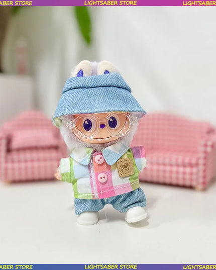 Handsome Labubu 4.0 Clothes Kawaii Bucket Hat Shirt Pants Set Mini Plush Doll Clothing Fashion Doll Accessories Gift