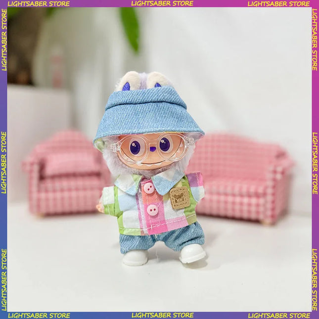 Handsome Labubu 4.0 Clothes Kawaii Bucket Hat Shirt Pants Set Mini Plush Doll Clothing Fashion Doll Accessories Gift