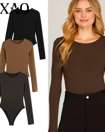 HXAO 2025 Brown Top Bodysuit Women Spring Body Sexy Women Long Sleeve Body Woman Black Spandex Bodysuit Resort Thongs Rave Oufit