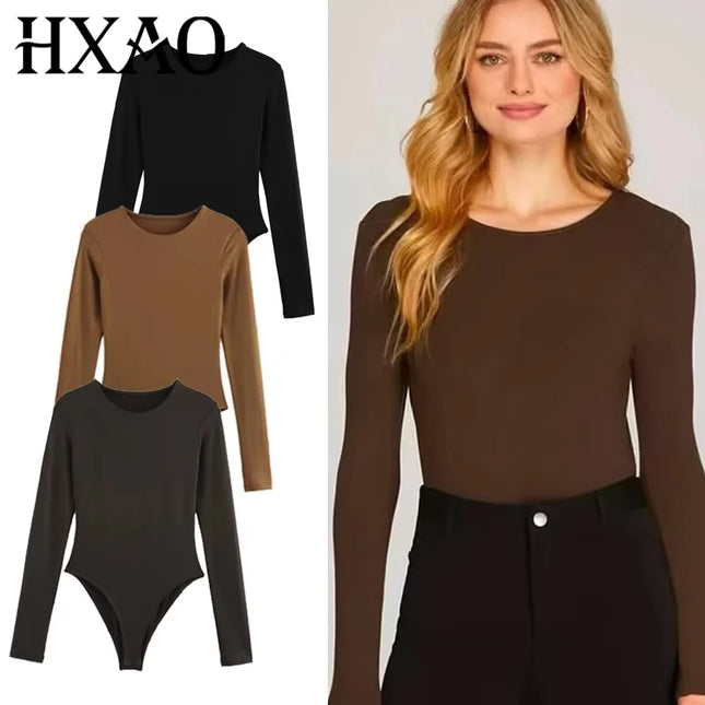 HXAO 2025 Brown Top Bodysuit Women Spring Body Sexy Women Long Sleeve Body Woman Black Spandex Bodysuit Resort Thongs Rave Oufit