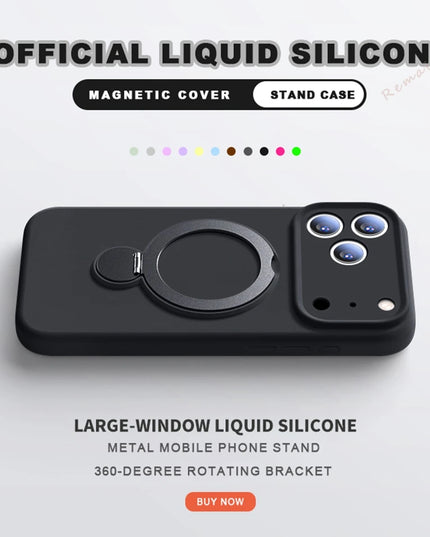 360 Magnetic Stand Liquid Silicone Phone Case For iPhone 17 Air 13 14 15 16 Pro Max Plus Magsafe Charge Holder Protector Cover