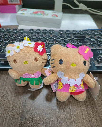 Hot Anime Hello Kitty Kuromi Dolls Filled Keychain Dark Skin Hawaiian Series Cartoon Accessory Toys Bag Pendant Charms