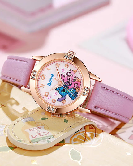 Fashion Cartoon Pattern Stitch Girls Watches Kids Leather Strap Children Watch with Rhinestone Dial reloj stich Exquisite Gift