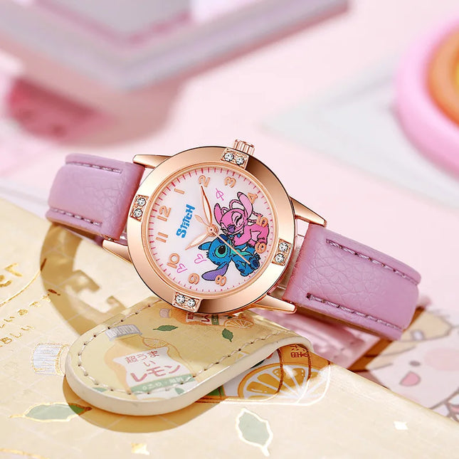 Fashion Cartoon Pattern Stitch Girls Watches Kids Leather Strap Children Watch with Rhinestone Dial reloj stich Exquisite Gift