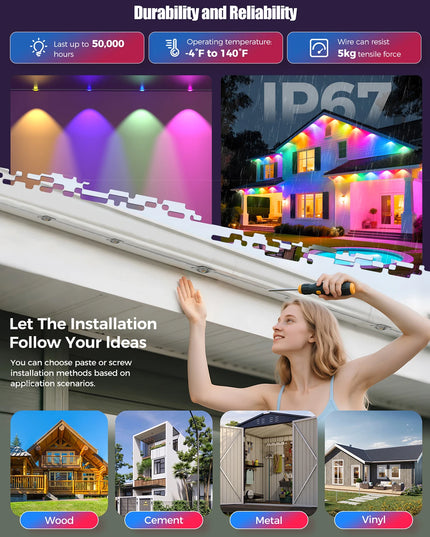 LED Permanent Outdoor Lights IP65 Waterproof RGBIC Eave Lights With Remote for Christmas New Year Roof DIY Holiday String Light