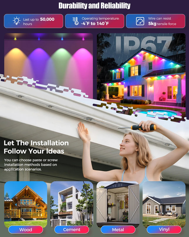 LED Permanent Outdoor Lights IP65 Waterproof RGBIC Eave Lights With Remote for Christmas New Year Roof DIY Holiday String Light