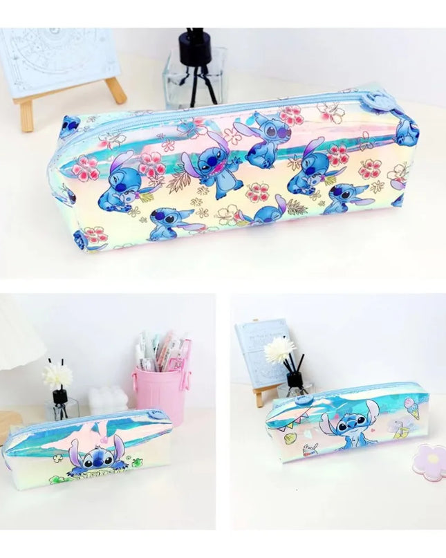 Disney Stitch Cartoon Student Stationery Laser Pencil Bag TPU Waterproof Multifunction Stationery Storage Bag