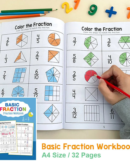 Montessori Fractions Workbook Arithmetic Learning Teaching Aids Grade 3-4 Primary School Math Cognitive Training Test Book