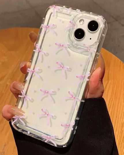 Cute Pink Heart Bow Phone Case for IPhone 17 16 15 14 13 12 11 Pro Max 13 12 Mini 17Air 16e Shockproof Soft Clear Cases Coque