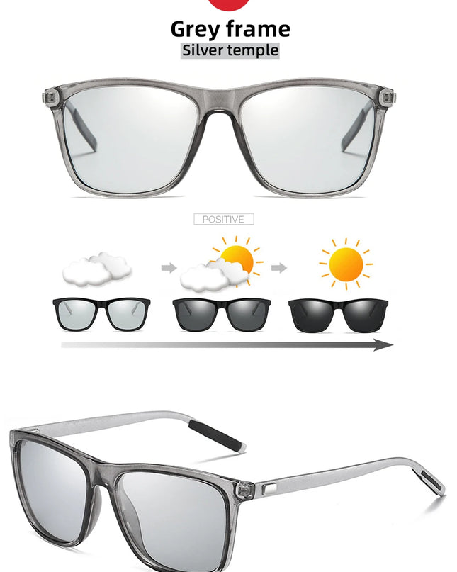 Classic Fishing Sunglasses Men Polarized Metal Square Frame UV400 Photochromic Goggles Women Driving Discoloration Eyewear