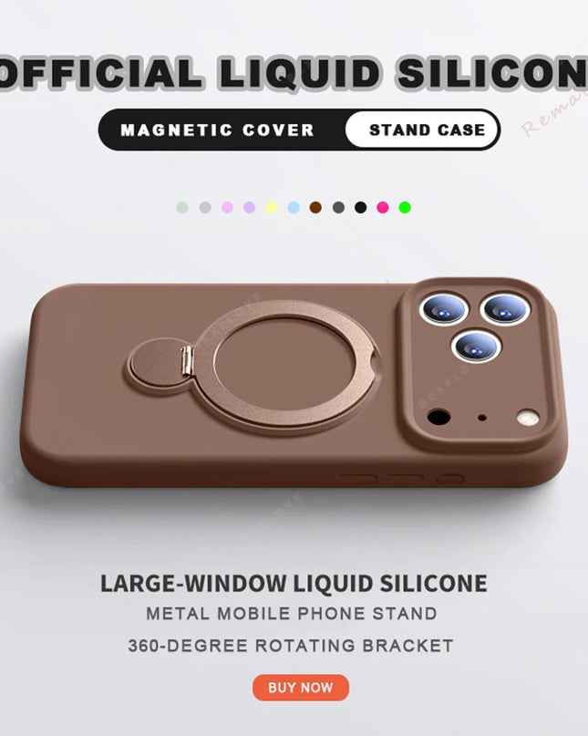 360 Magnetic Stand Liquid Silicone Phone Case For iPhone 17 Air 13 14 15 16 Pro Max Plus Magsafe Charge Holder Protector Cover