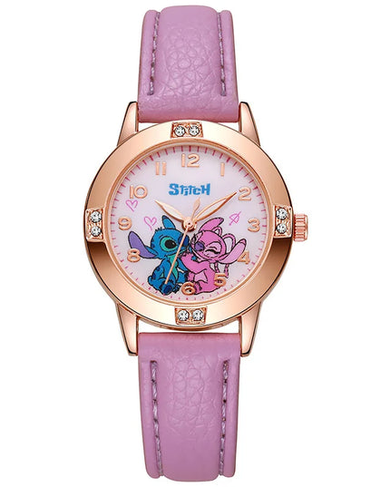 Fashion Cartoon Pattern Stitch Girls Watches Kids Leather Strap Children Watch with Rhinestone Dial reloj stich Exquisite Gift