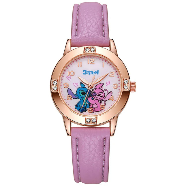 Fashion Cartoon Pattern Stitch Girls Watches Kids Leather Strap Children Watch with Rhinestone Dial reloj stich Exquisite Gift
