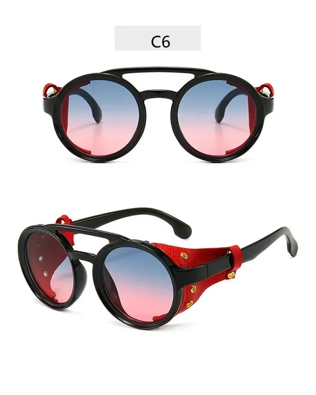 Steampunk Shields Sunglasses Men Women Classic SunGlasses With Side Leather Round Eyewear Pink UV400 Lens
