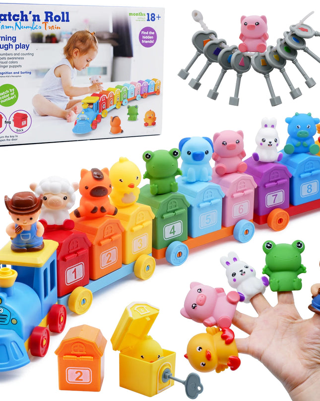 Toddler Learning Toys Montessori Train Set with Farm Animals Counting Sorting Toys Fine Motor Finger Puppets Games For Gifts