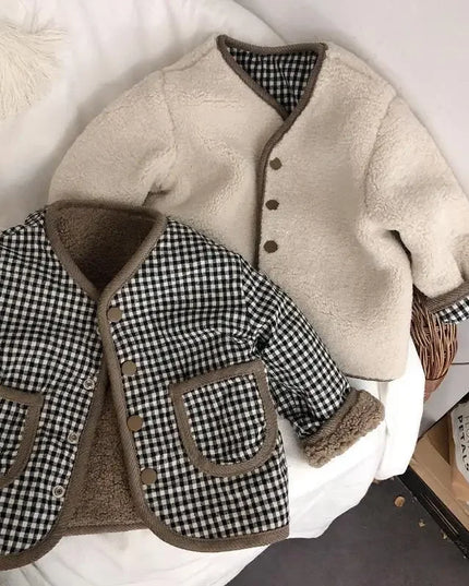 New Autumn and Winter New Warm Jacket Children Two Sides Wear Plaid Plush Jacket Kids Jackets Winter Clothes for Girls